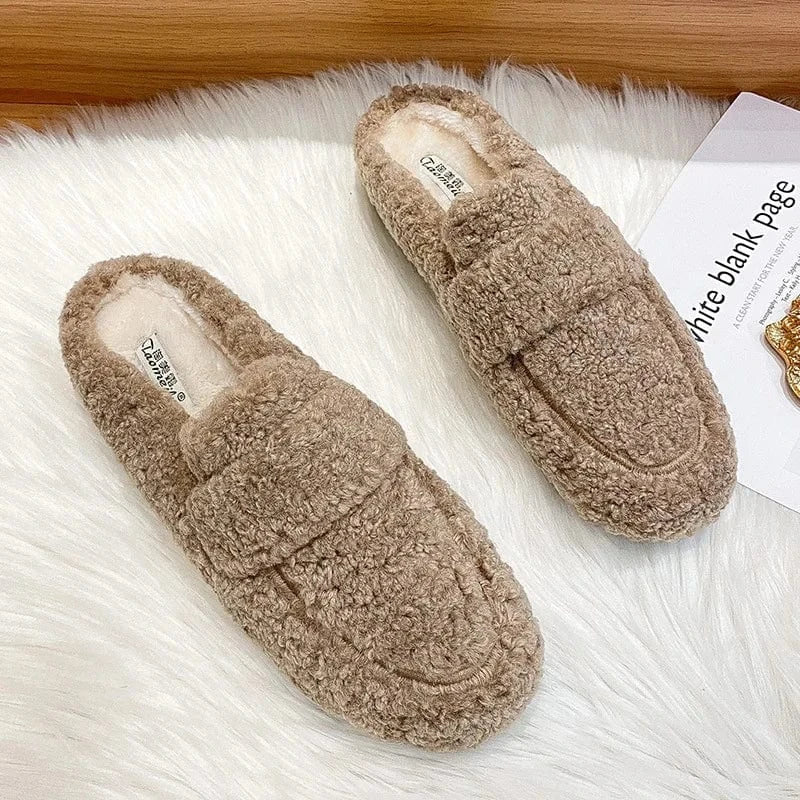 Chaussons Mules en Fourrure pour Femme Beige / 34