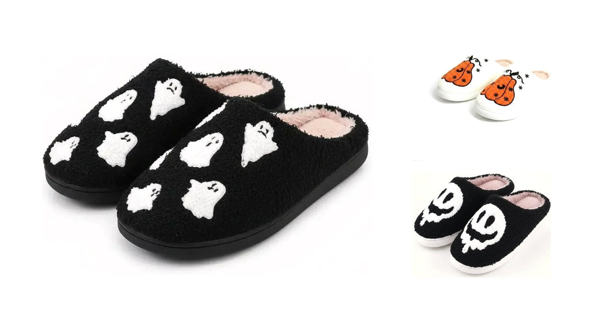 Chaussons d'Halloween en moumoute, motifs fantôme, citrouille et gothique