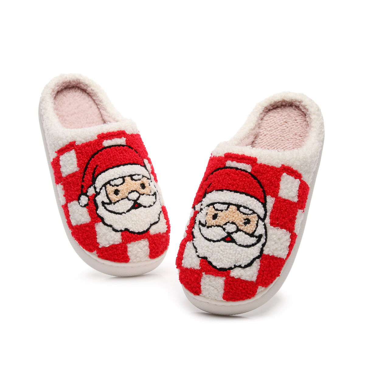 Chaussons de Noël à damier rouge et blanc avec père Noël brodé Bochausson