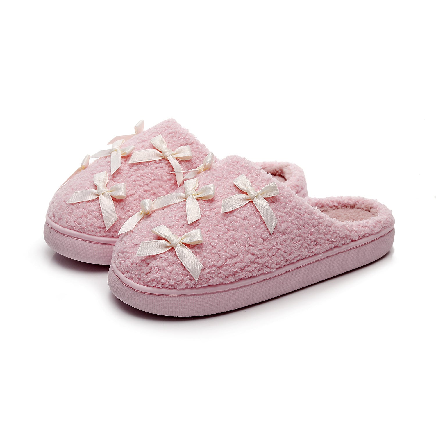 Chaussons moumoute roses à cinq petits nœuds satin Bochausson