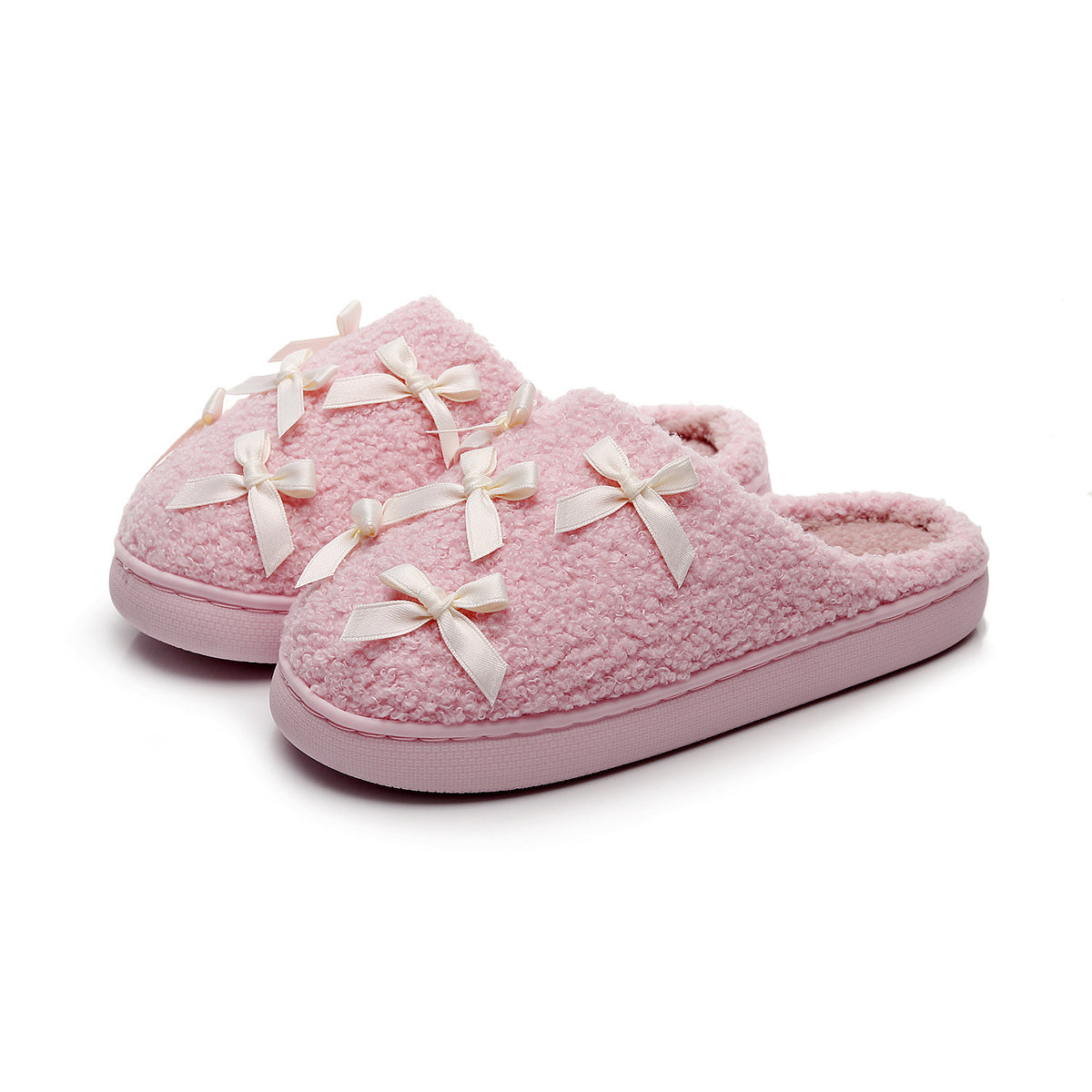 Chaussons moumoute roses à cinq petits nœuds satin Bochausson