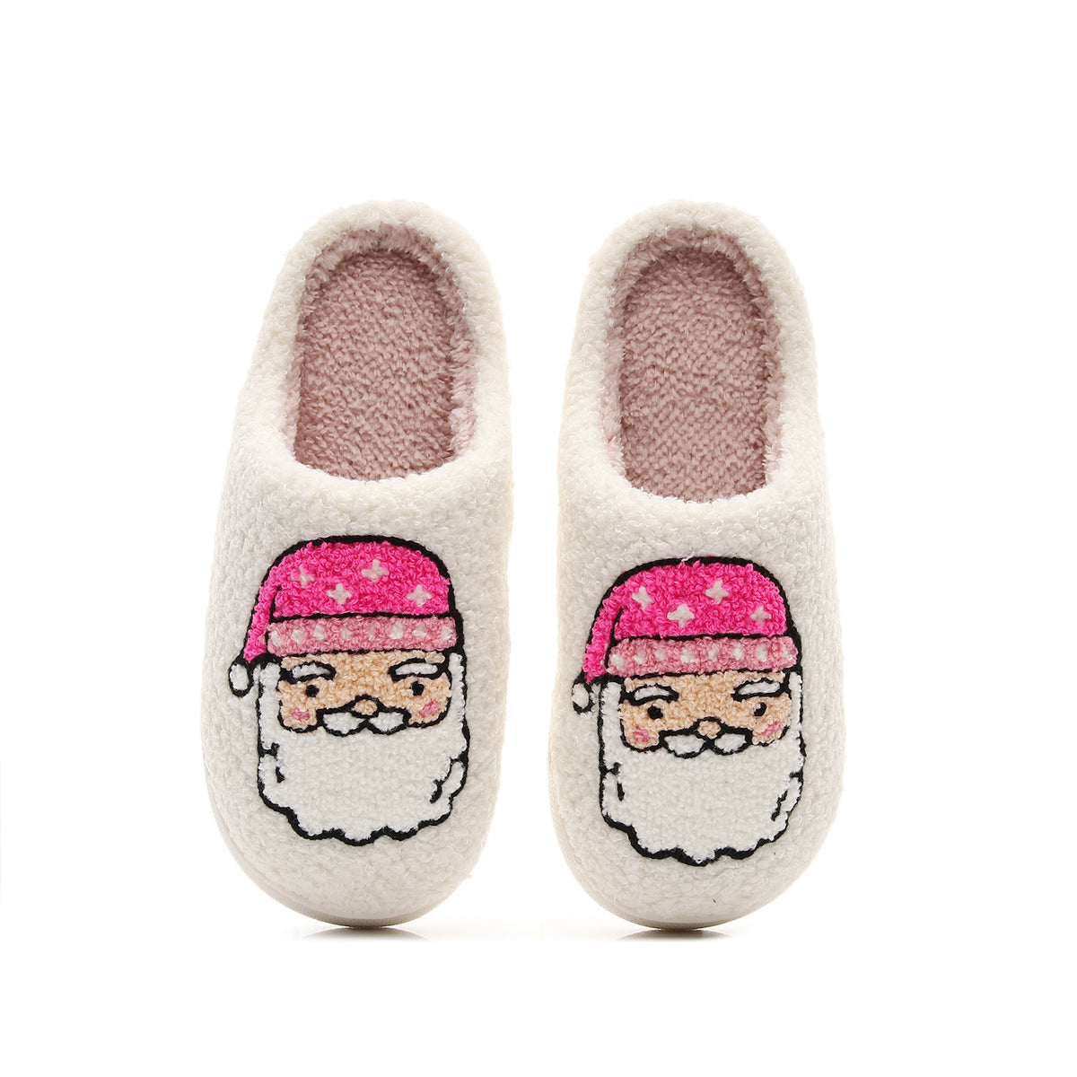 Chaussons de Noël crème à père Noël brodé au bonnet rose Bochausson