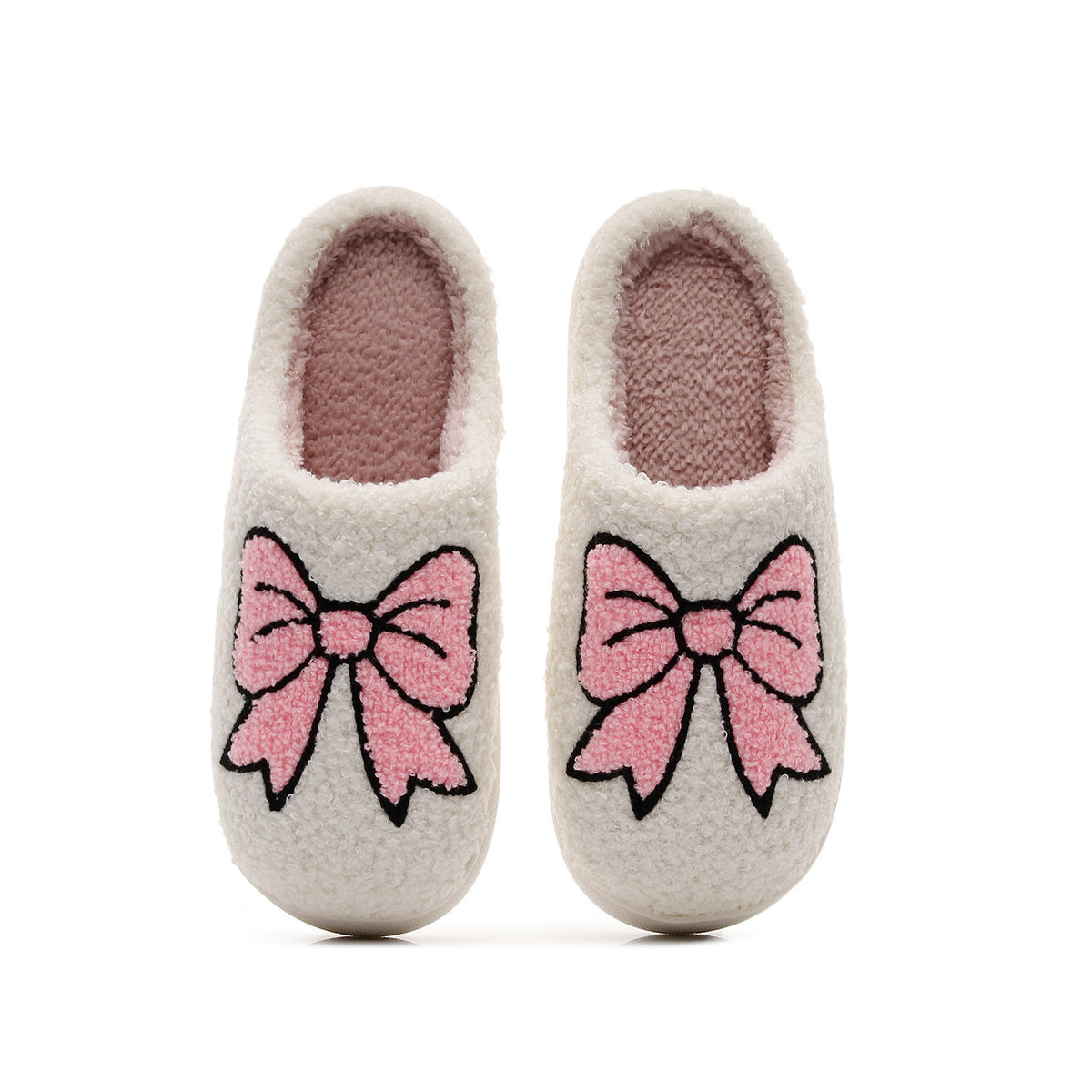 Chaussons moumoute crème à grand nœud rose brodé Bochausson