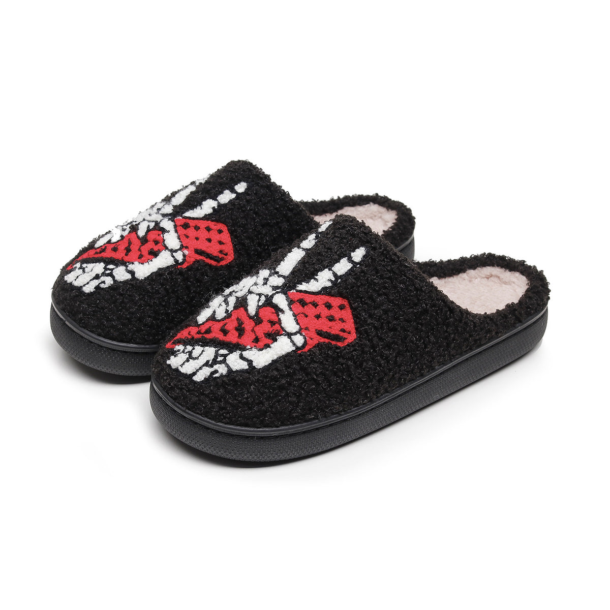 Chaussons moumoute noirs à mains de squelette brodées Bochausson