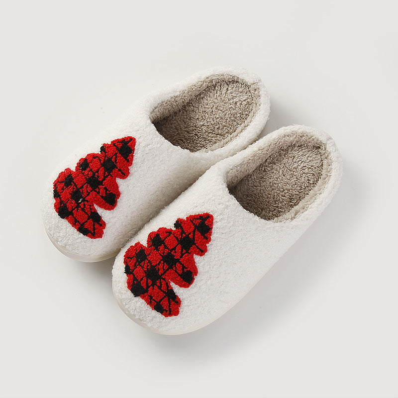 Chaussons de Noël crème à sapin appliqué en tartan rouge et noir Bochausson