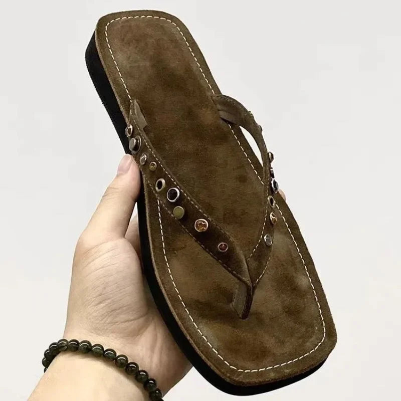 Tongs Femme en Cuir Marron