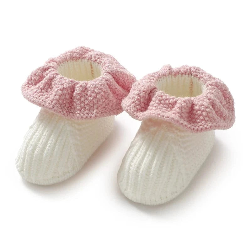 Chausson en Laine Naissance Bébé Base Blanche - Bord Rose / 0-3 mois