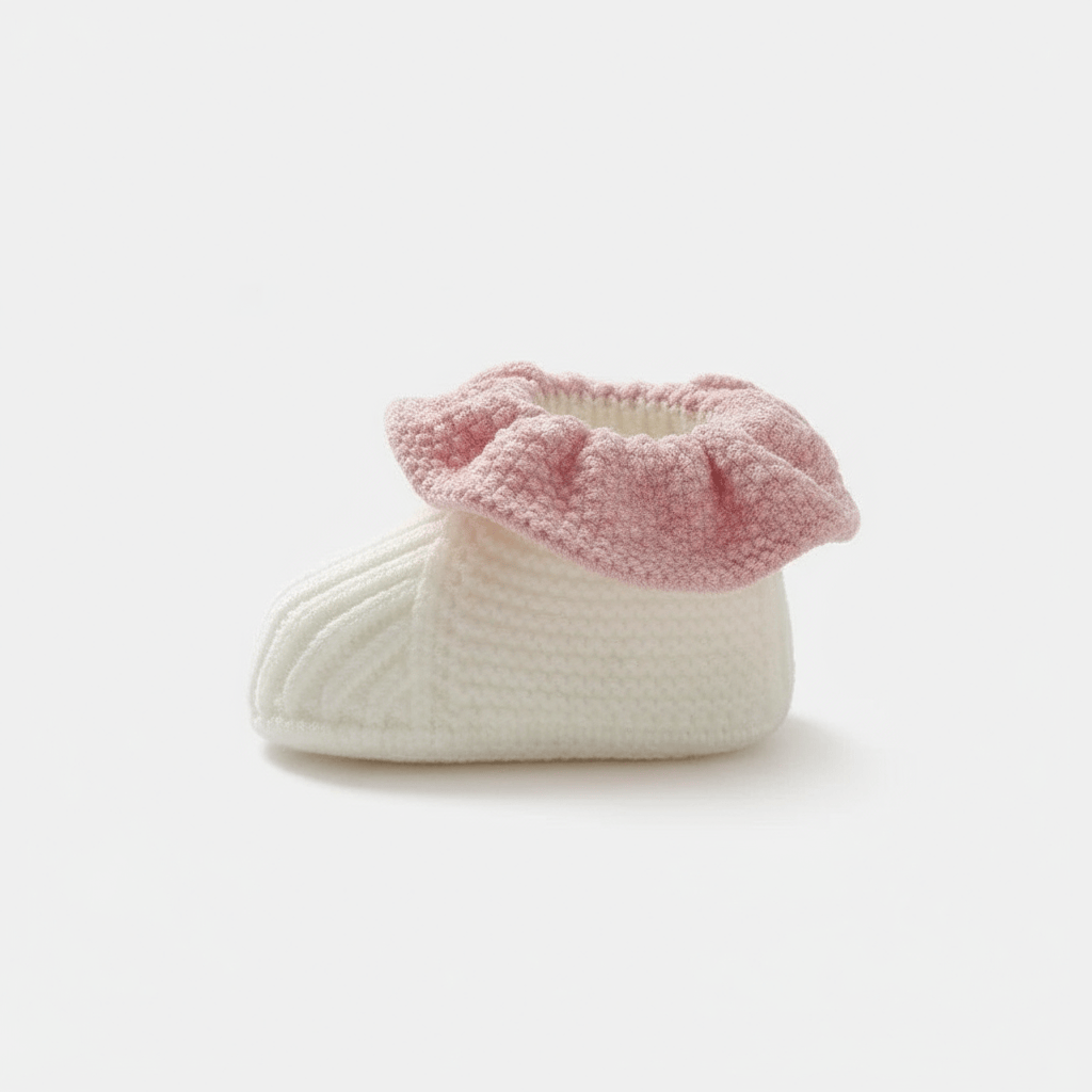 Chausson en Laine Naissance Bébé Base Blanche - Bord Rose / 0-3 mois