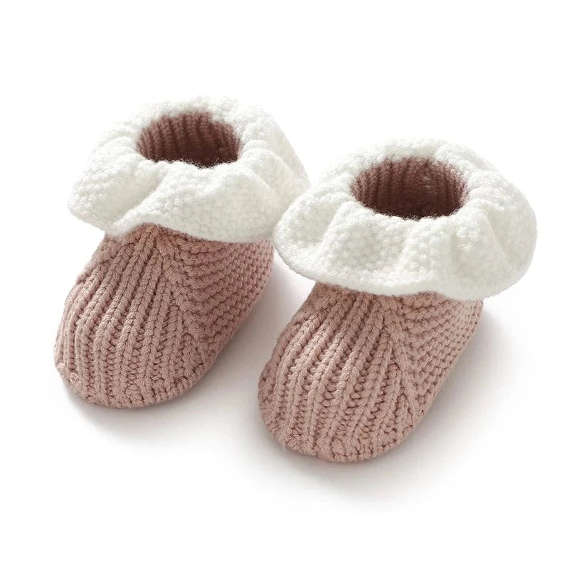 Chausson en Laine Naissance Bébé Base Rose - Bord Blanc / 0-3 mois
