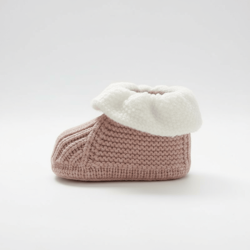 Chausson en Laine Naissance Bébé Base Rose - Bord Blanc / 0-3 mois