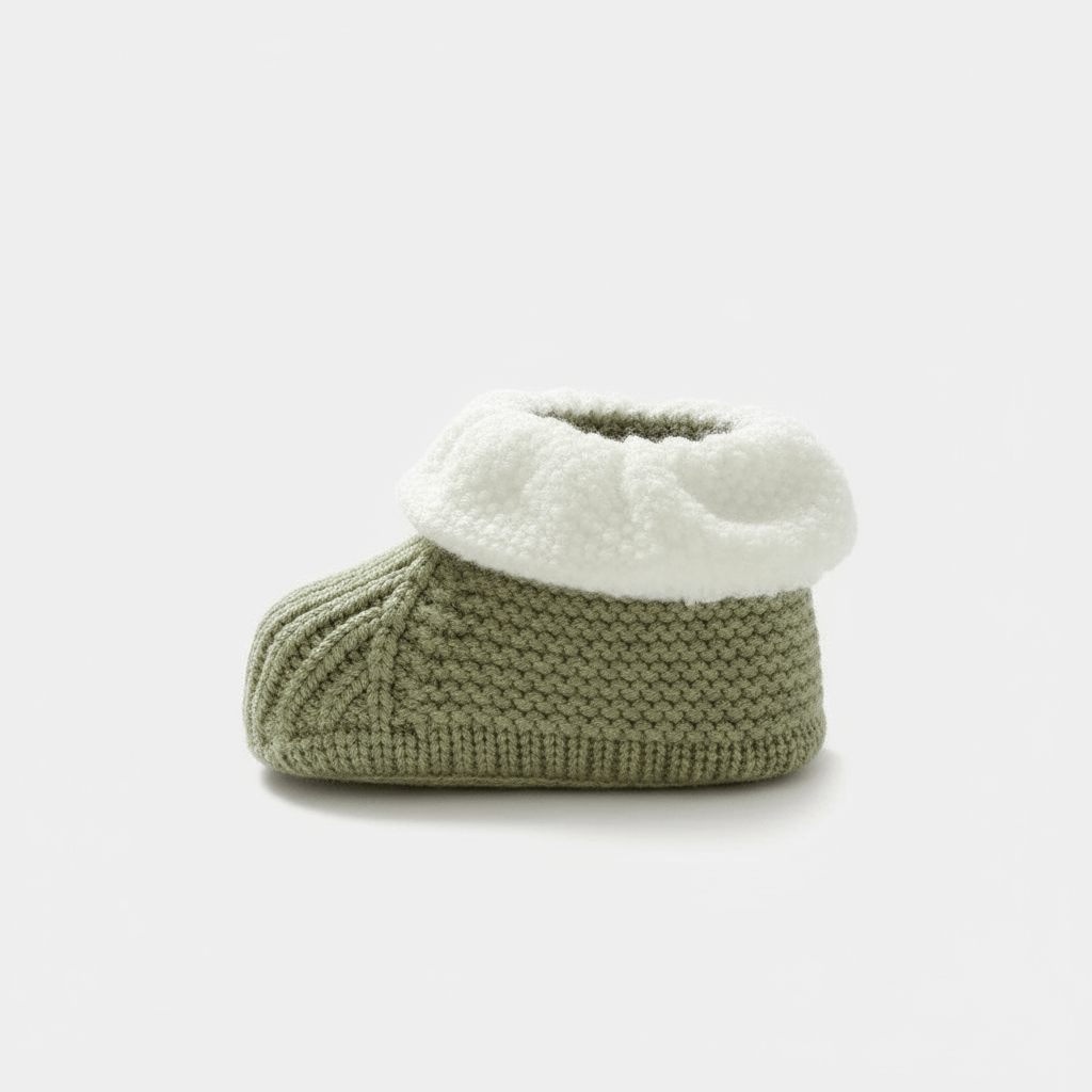 Chausson en Laine Naissance Bébé Base Verte - Bord Blanc / 0-3 mois