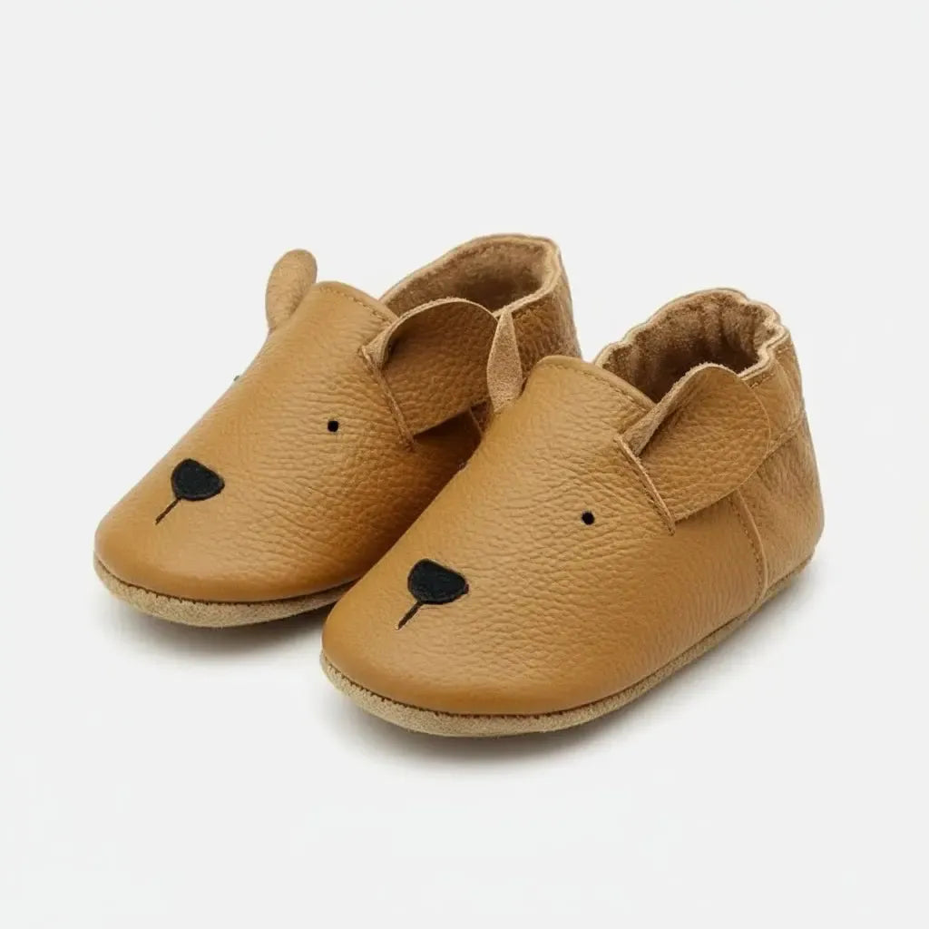 Chaussons Bébé en Cuir Antidérapants Chien Camel / 0-6 mois