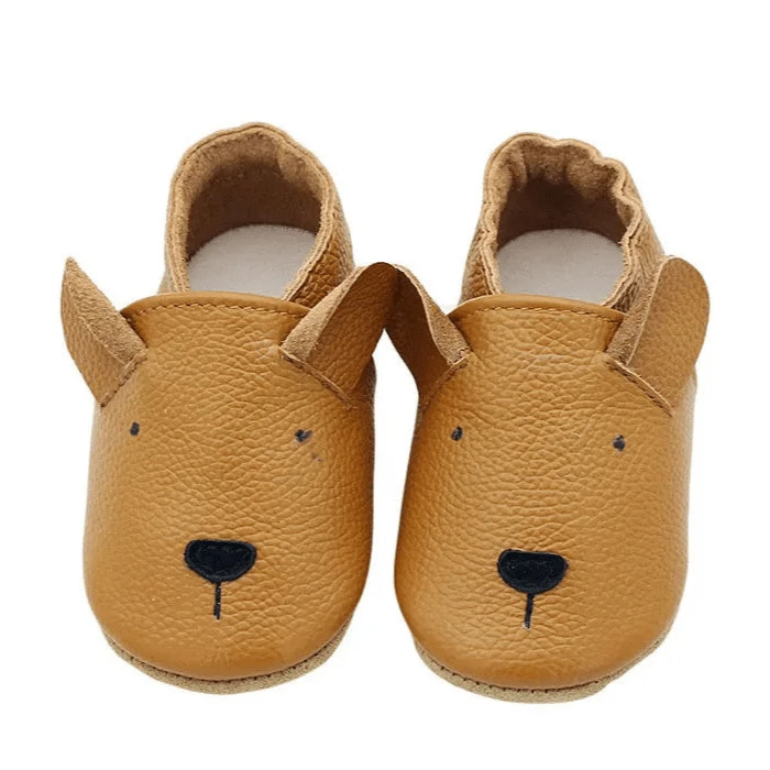 Chaussons Bébé en Cuir Antidérapants Chien Camel / 0-6 mois
