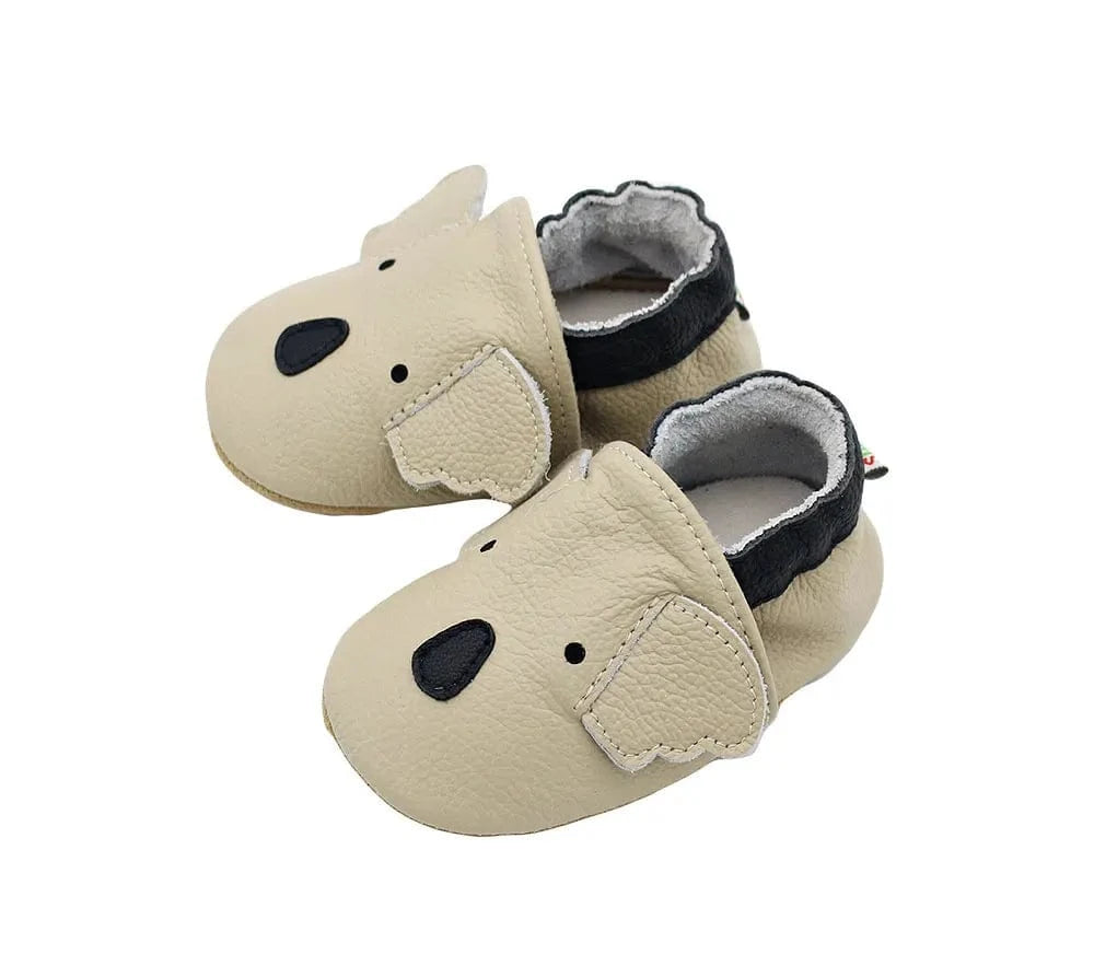 Chaussons Bébé en Cuir Antidérapants Écru / 0-6 mois