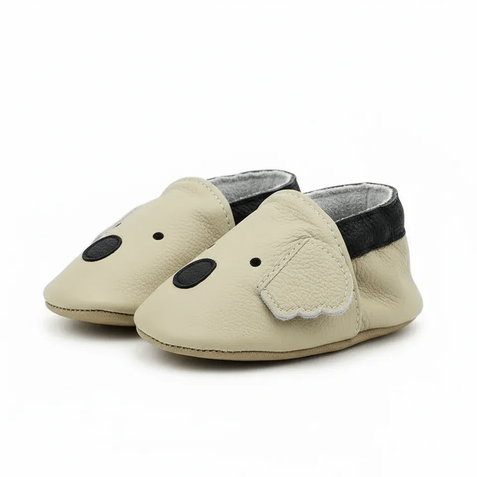 Chaussons Bébé en Cuir Antidérapants Écru / 0-6 mois