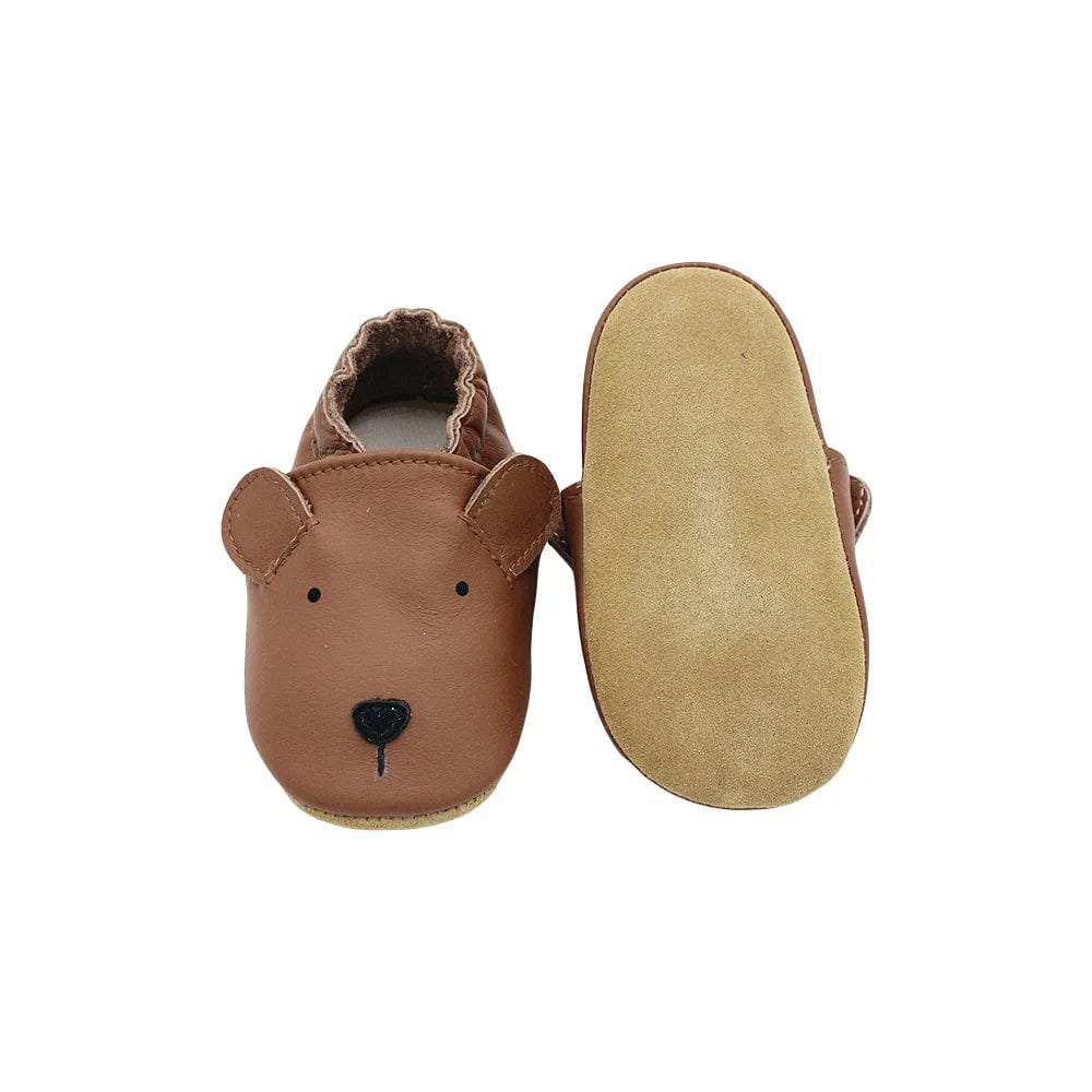 Chaussons Bébé en Cuir Antidérapants - Ours Brun