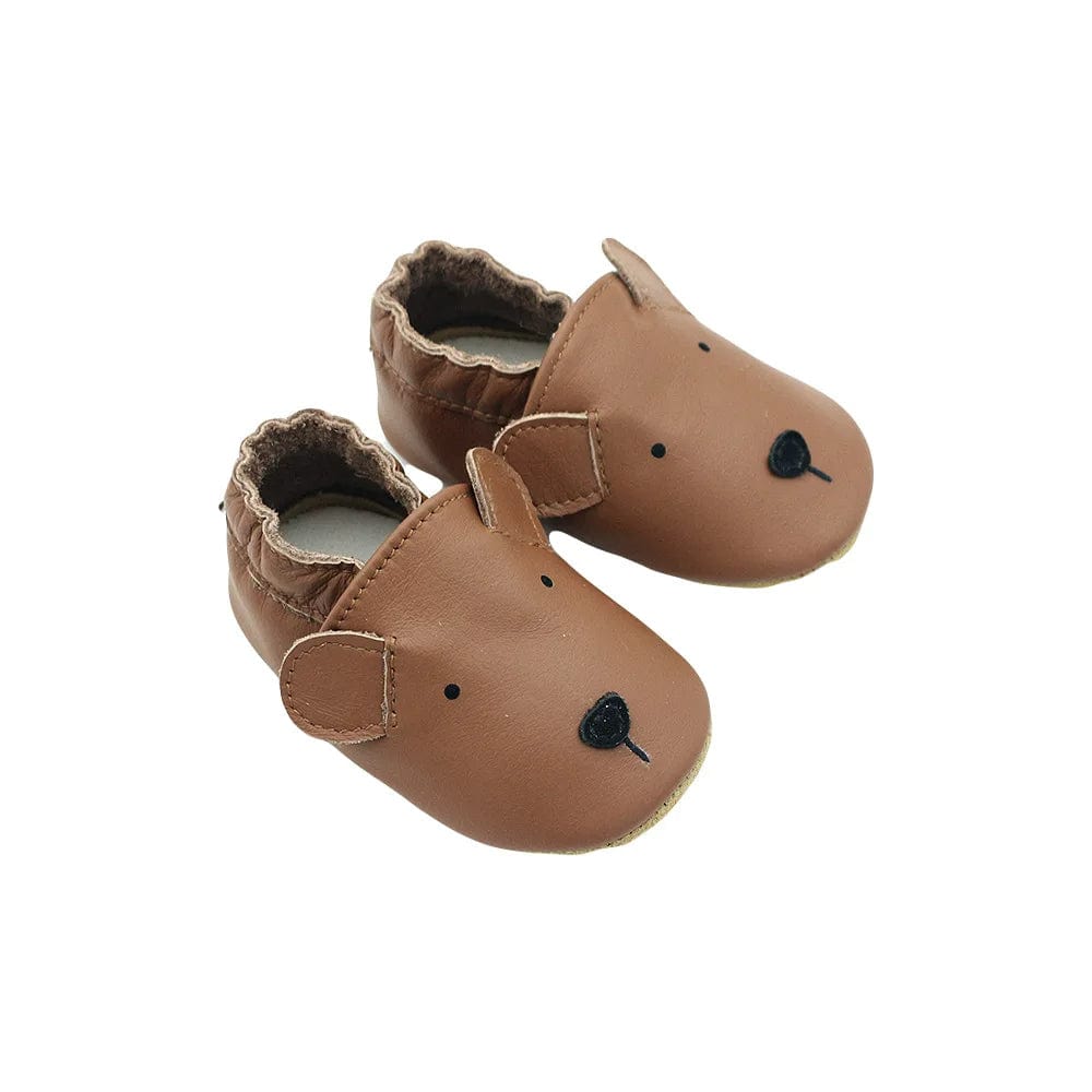 Chaussons Bébé en Cuir Antidérapants - Ours Brun