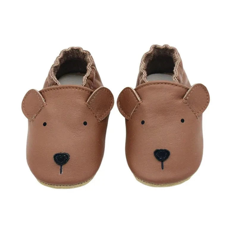 Chaussons Bébé en Cuir Antidérapants - Ours Brun Marron / 0-6 mois