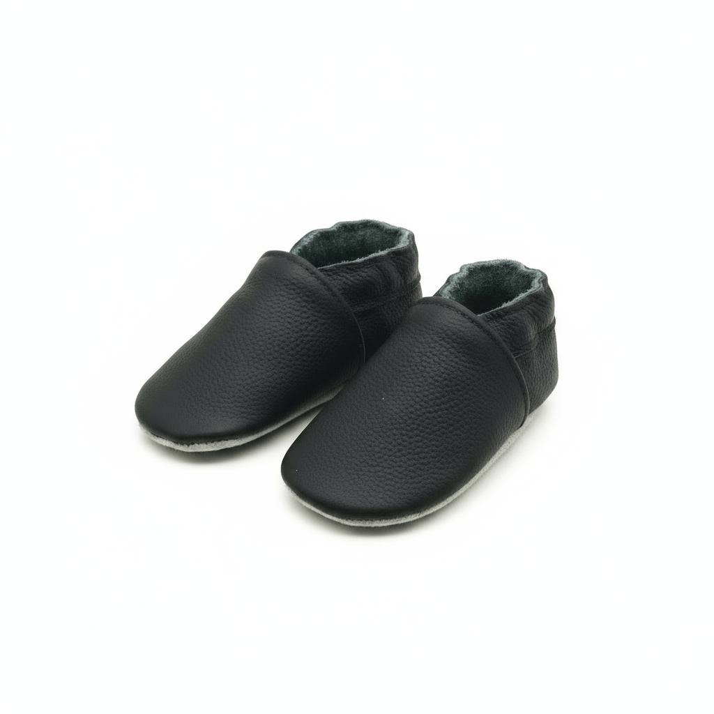 Chaussons Bébé en Cuir Souple Noir / 0-6 mois ( 17-18 )