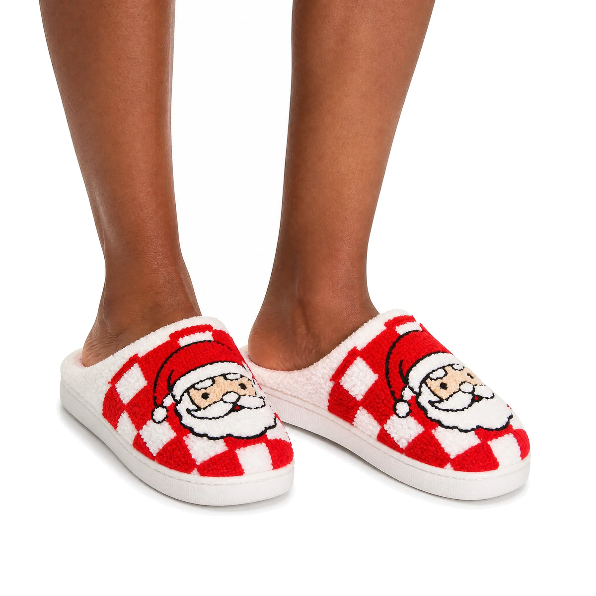 Chaussons de Noël à Carreaux Bochausson porté aux pieds, femme