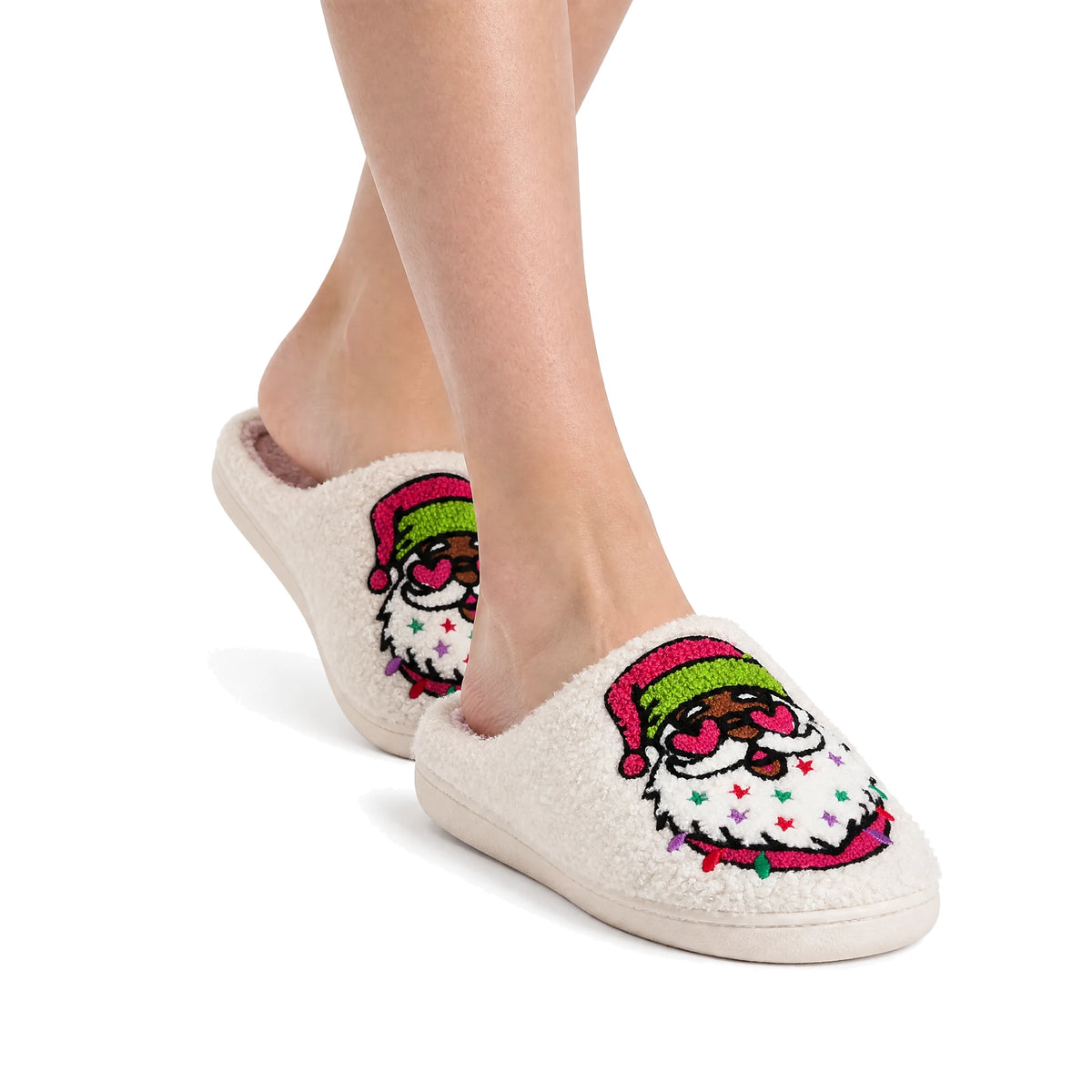 Chaussons de Noël Père Noël Étoilé Bochausson porté aux pieds, femme