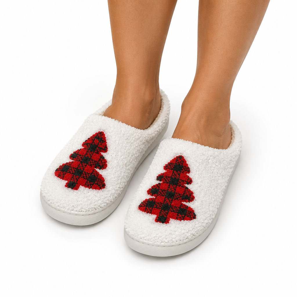 Chaussons Moumoute de Noël Sapin à Carreaux