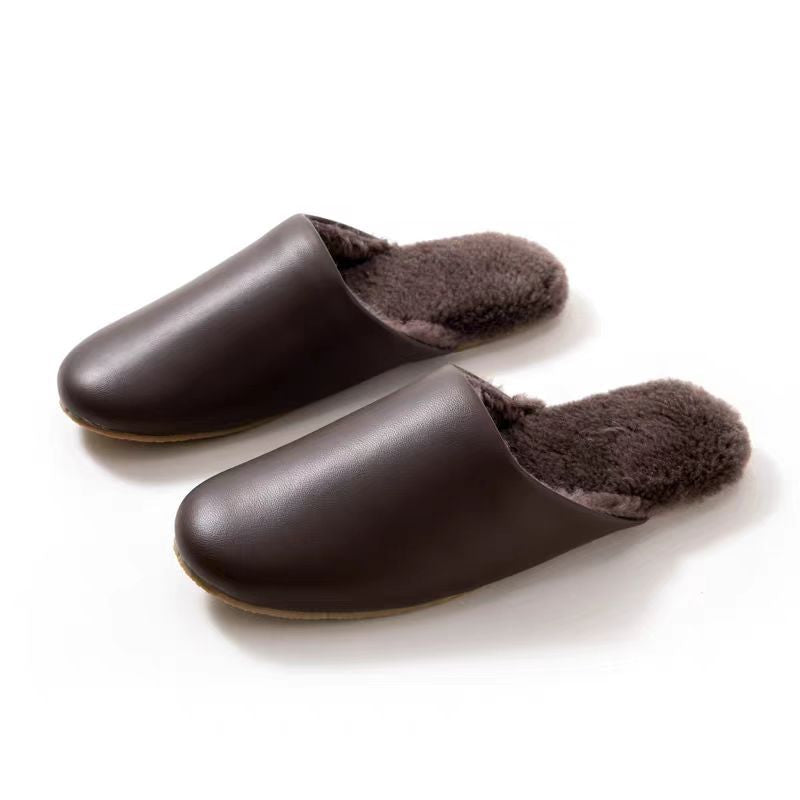 Chaussons en Cuir et Col de Laine Marron foncé