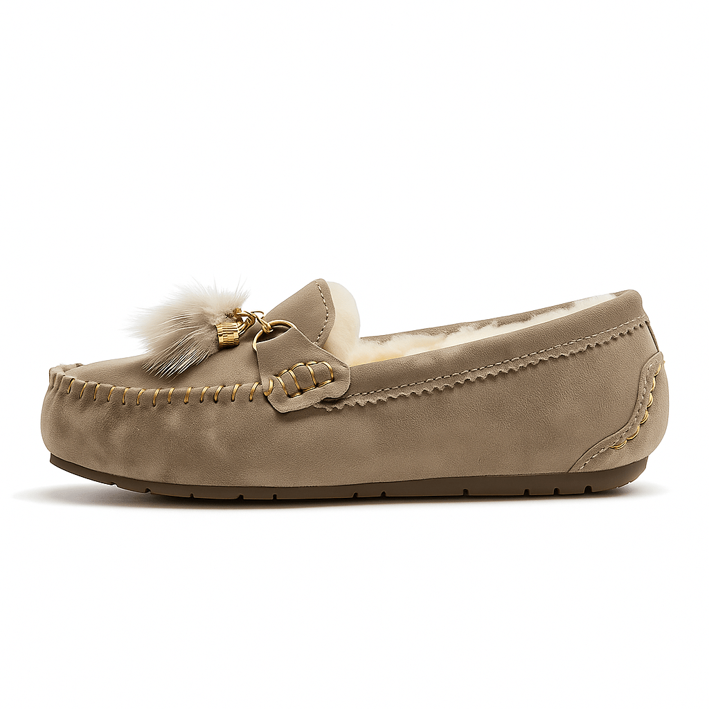 Chaussons en Cuir Fourrés pour Femme Beige / 34-35