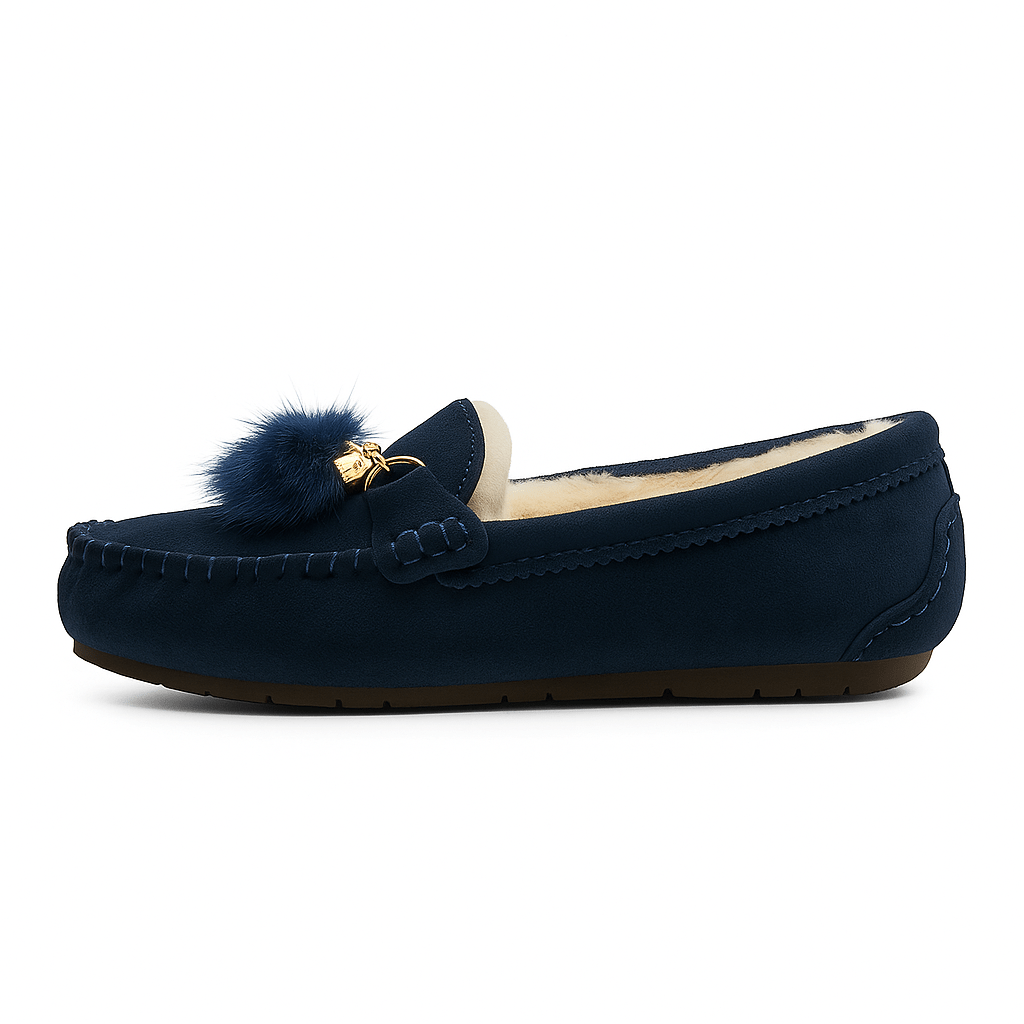 Chaussons en Cuir Fourrés pour Femme Bleu marine / 34-35