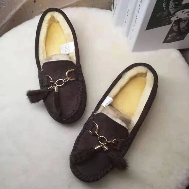Chaussons en Cuir Fourrés pour Femme Chocolat / 34-35