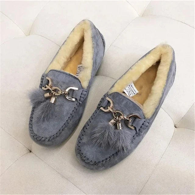 Chaussons en Cuir Fourrés pour Femme Gris / 34-35