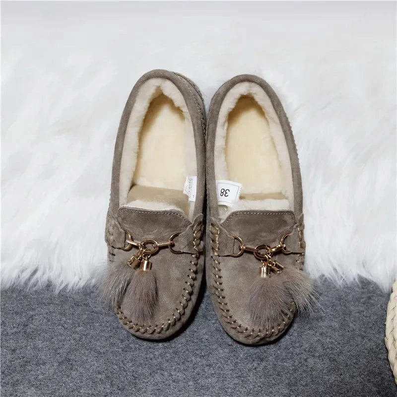 Chaussons en Cuir Fourrés pour Femme Taupe / 34-35