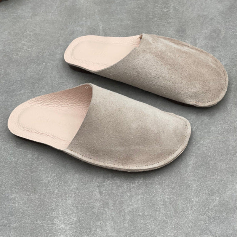 Chaussons en Cuir Retourné pour Femme Taupe