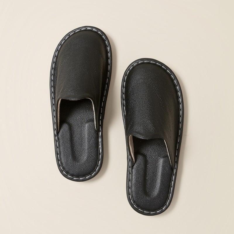 Chaussons en Cuir Surpiqué Noir
