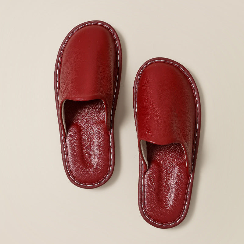 Chaussons en Cuir Surpiqué Bordeaux