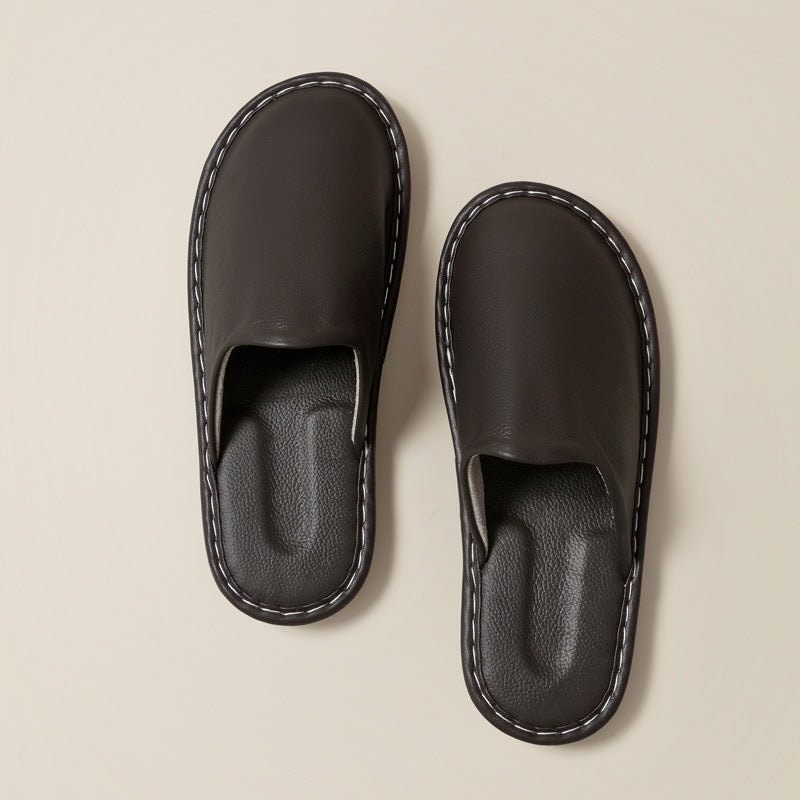 Chaussons en Cuir Surpiqué Marron foncé