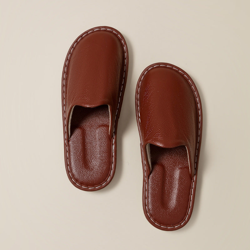 Chaussons en Cuir Surpiqué Marron