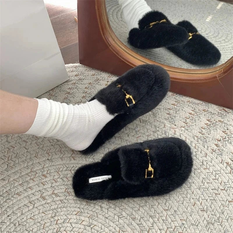 Chaussons en Fausse Fourrure pour Femme Noir / 34-35