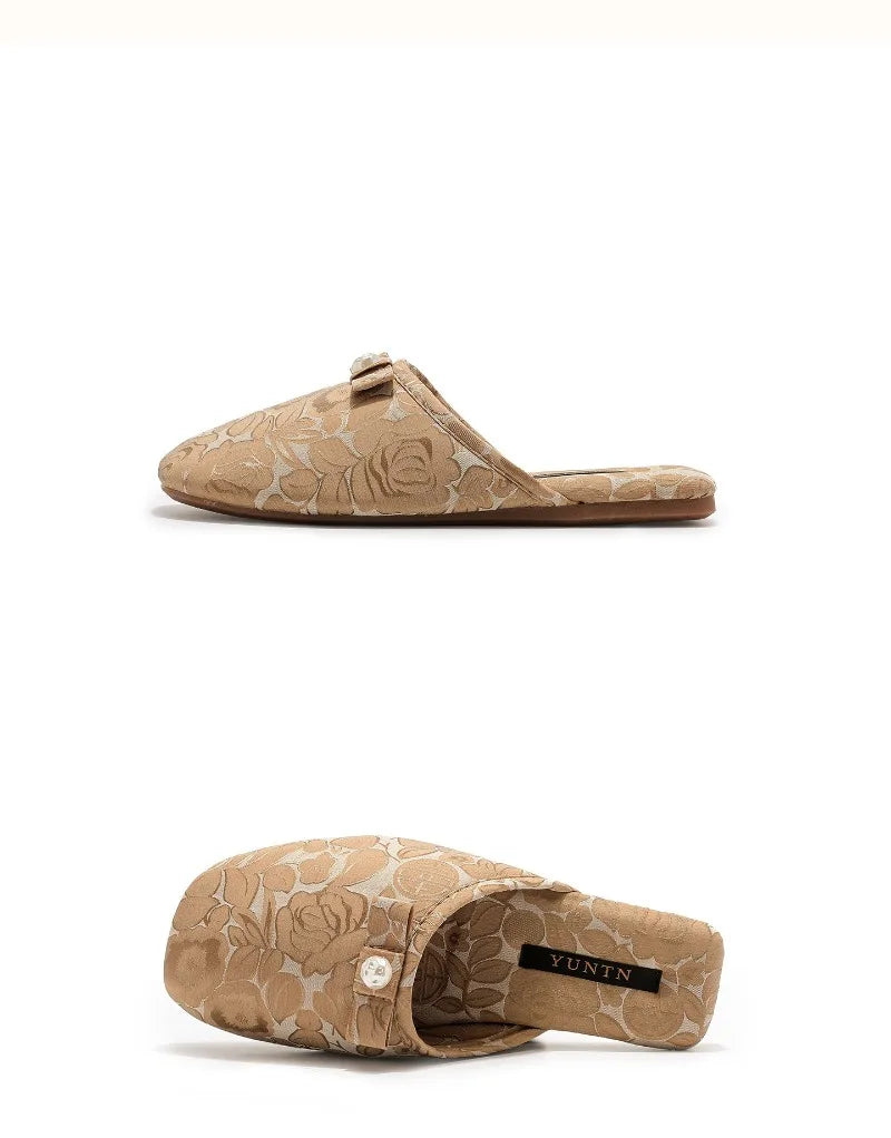 Chaussons femme mules perle et noeud Bochausson vue de face