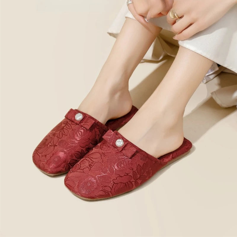 Chaussons femme mules perle et noeud Bochausson vue de dessus
