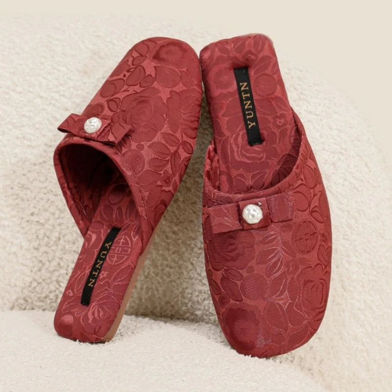 Chaussons femme mules perle et noeud Bochausson vue portee