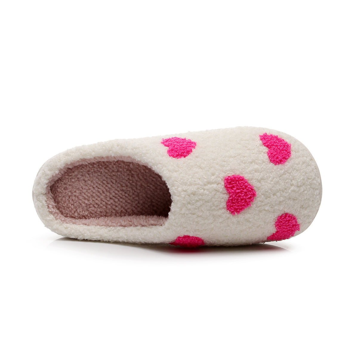 Chaussons Moumoute à Cœurs Bochausson coloris blanc et rose, chausson posé sur le côté