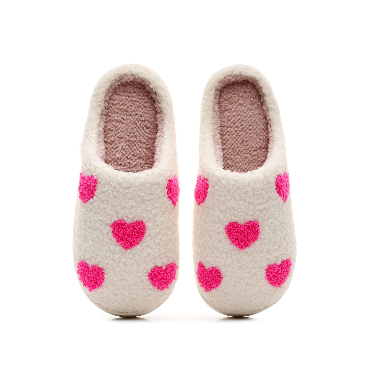 Chaussons Moumoute à Cœurs Bochausson coloris blanc et rose, vue de dessus de la paire