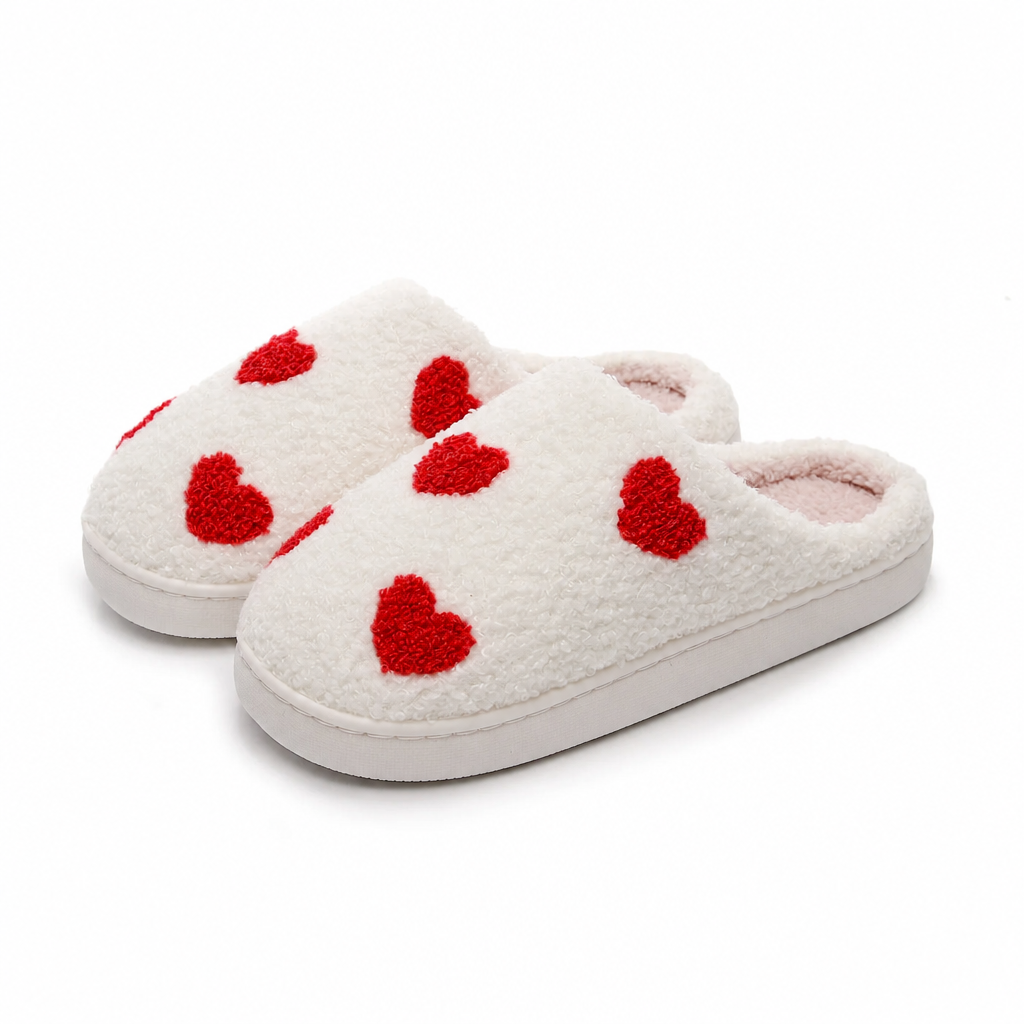 Chaussons Moumoute à Cœurs Bochausson coloris blanc et rouge, vue trois-quarts de la paire