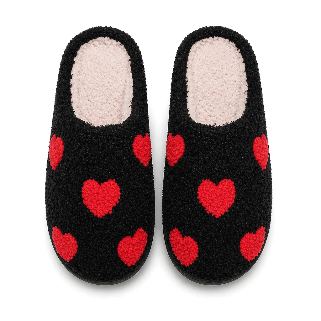 Chaussons Moumoute à Cœurs Bochausson coloris Noir et rouge, vue de dessus de la paire