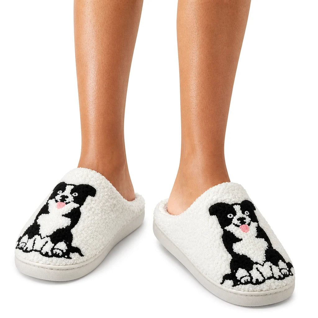 Chaussons Moumoute Border Collie Bochausson porté aux pieds, femme