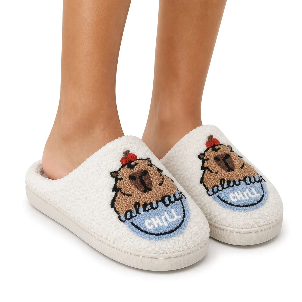 Chaussons Moumoute Capybara Bochausson porté aux pieds, femme