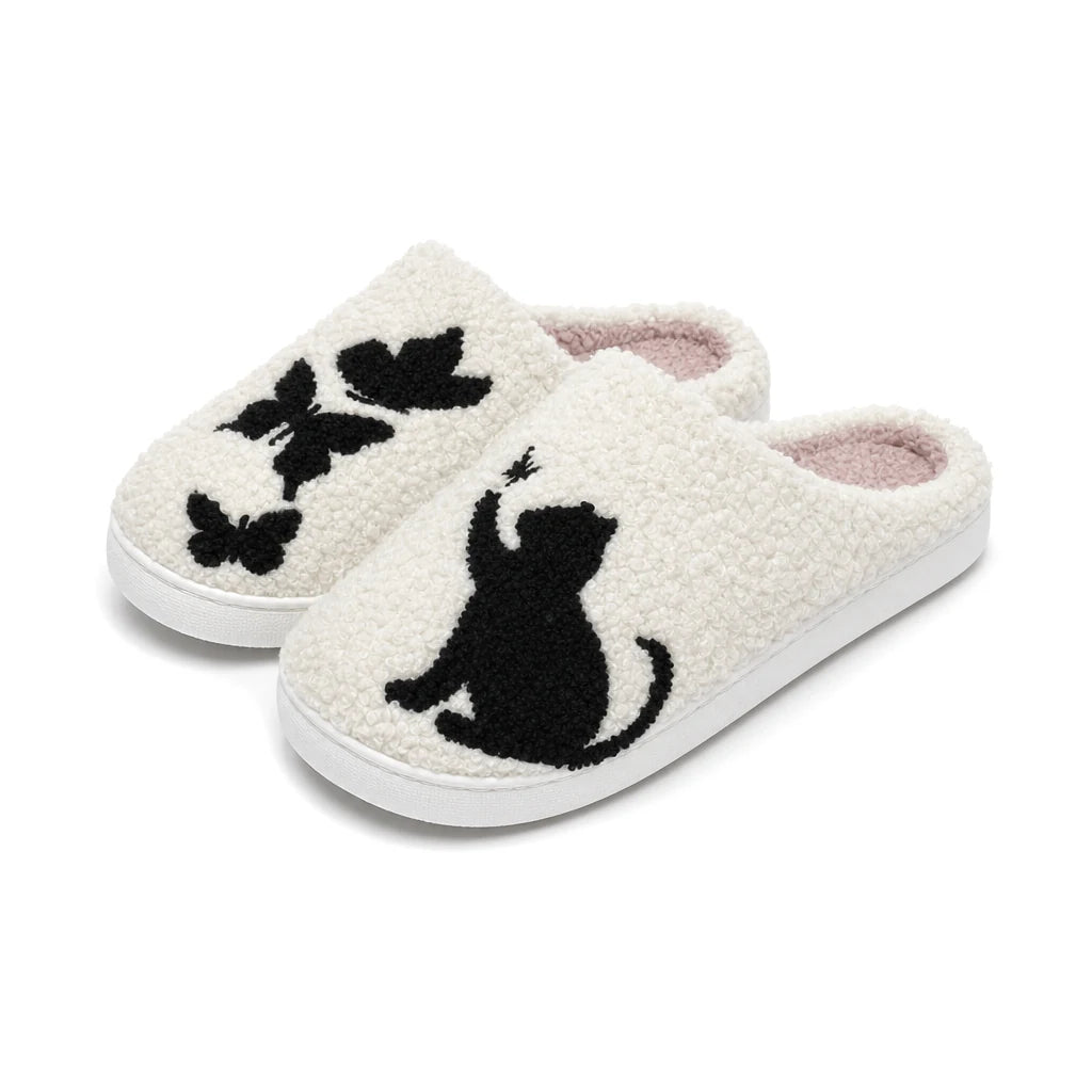 Chaussons Moumoute Chat aux Papillons Bochausson vue trois-quarts de la paire