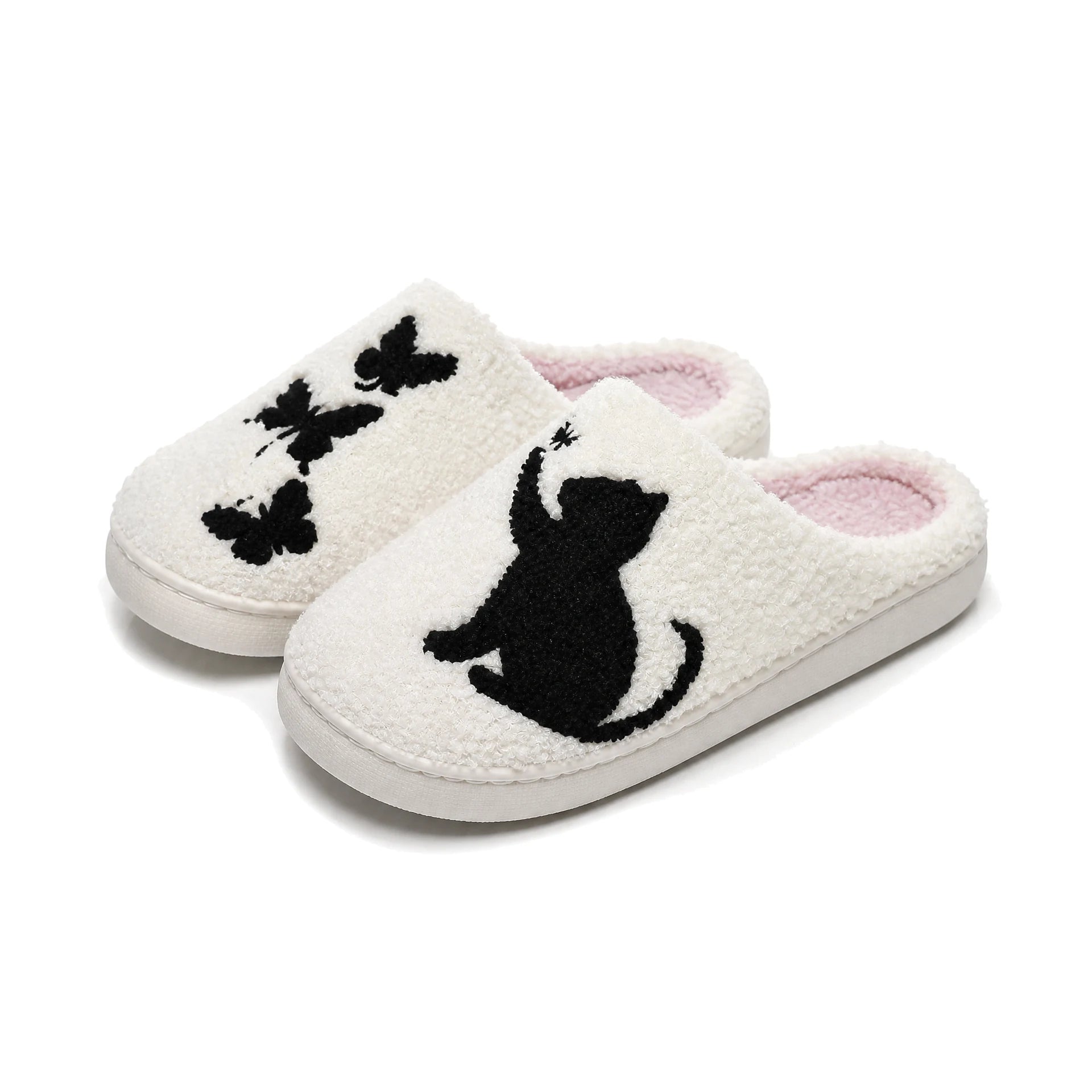 Chaussons Moumoute Chat aux Papillons Bochausson vue trois-quarts de la paire