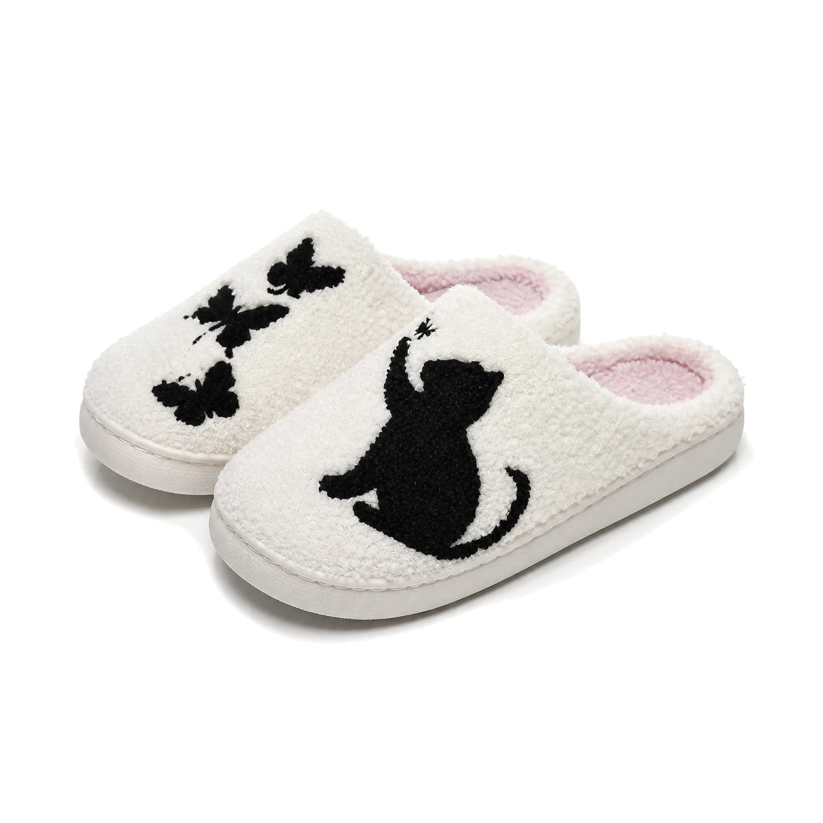 Chaussons Moumoute Chat aux Papillons Bochausson vue trois-quarts de la paire
